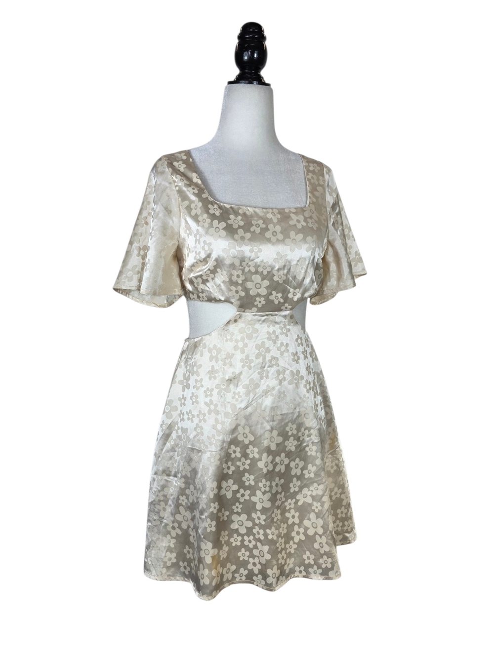 Le Lis Cut -out Cream Floral Satin flare Mini Dress